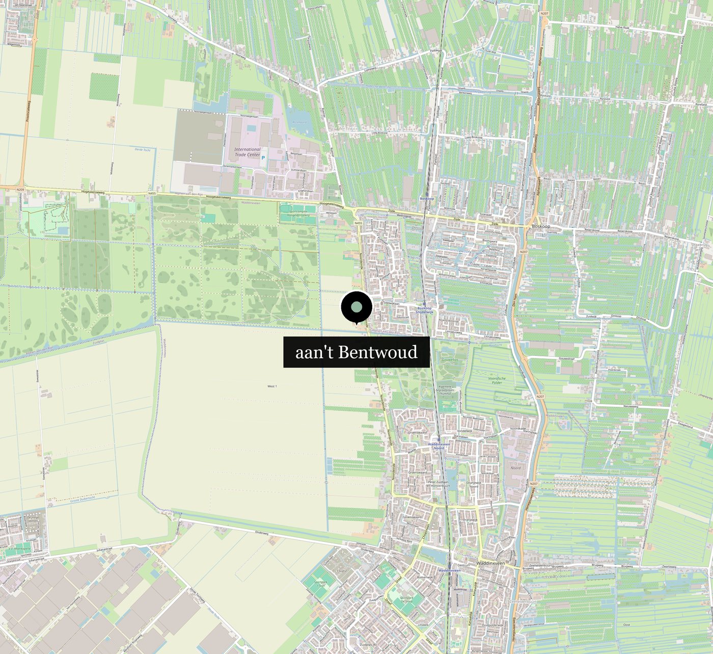 Kaart met de ligging van aan't Bentwoud aan het Noordeinde in Waddinxveen, aan de rand van het Bentwoud